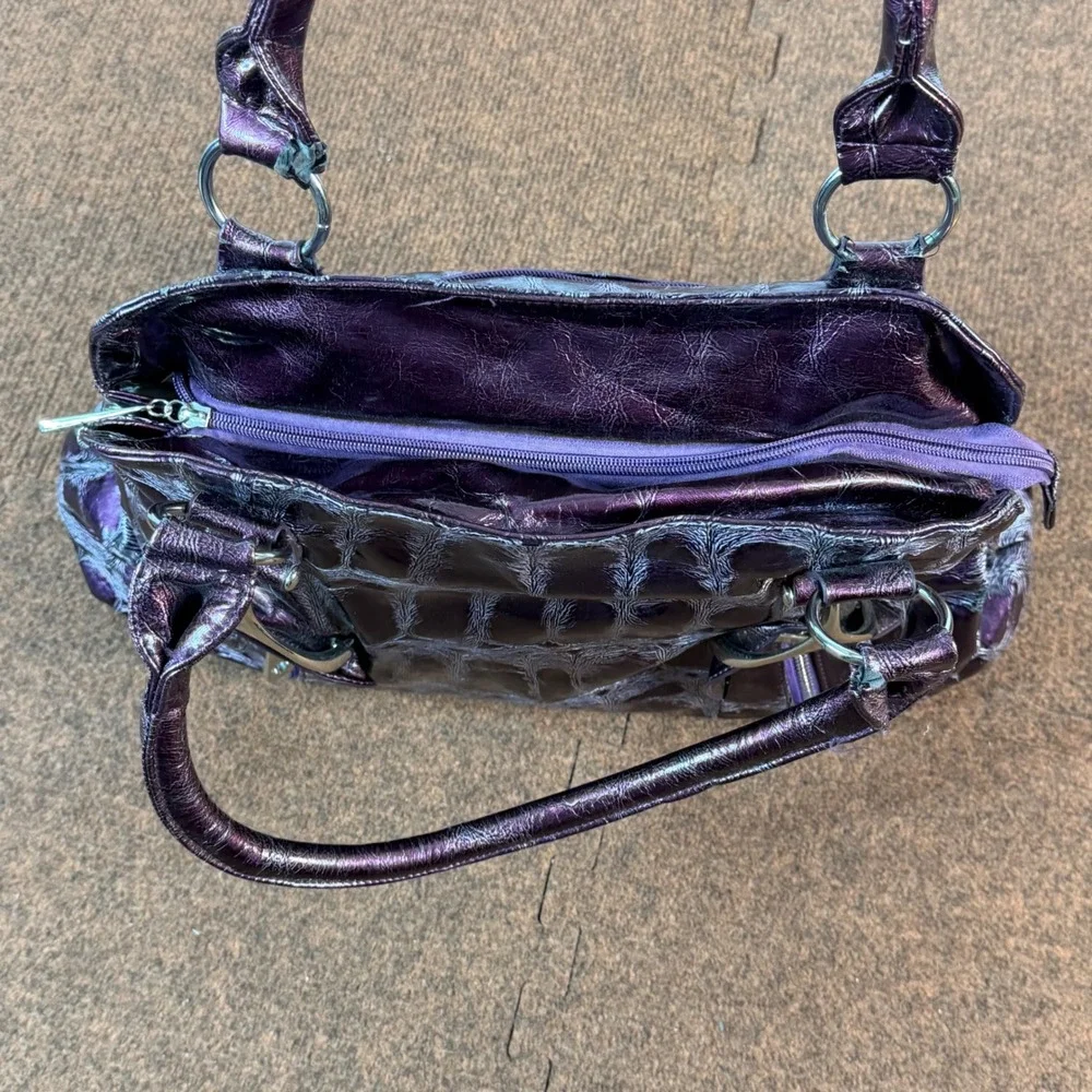 B- Purple Metallic Faux Croc Embossed Satchel Handbag Silver Hardware Top Handle